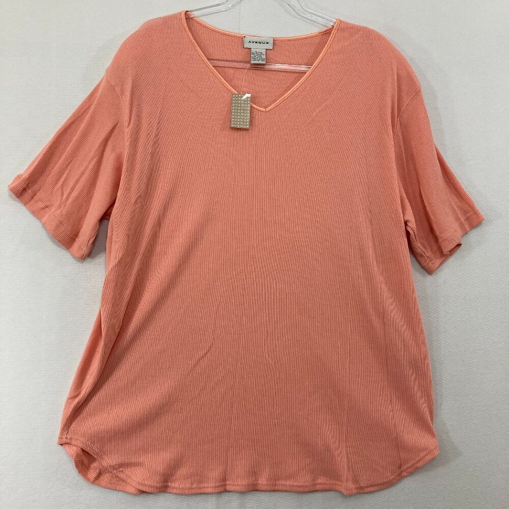 NWT‎ Avenue Top size 18/20 Light Coral Rib Knit Stretch V Neck Short Sleeve